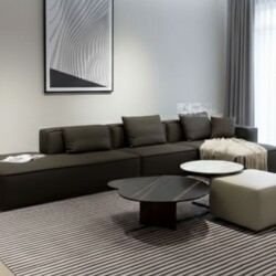 Bộ sofa góc trái SF1801B màu nâu đậm được đặt trong không gian phòng khách hiện đại, với thảm sọc ngang, bàn trà đôi mặt đ…