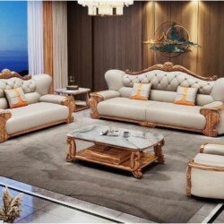Bộ sofa gỗ mun tân cổ điển SBD57-124 gồm hai băng, một ghế đơn và bàn trà mặt đá, đặt trong không gian phòng khách sang tr…