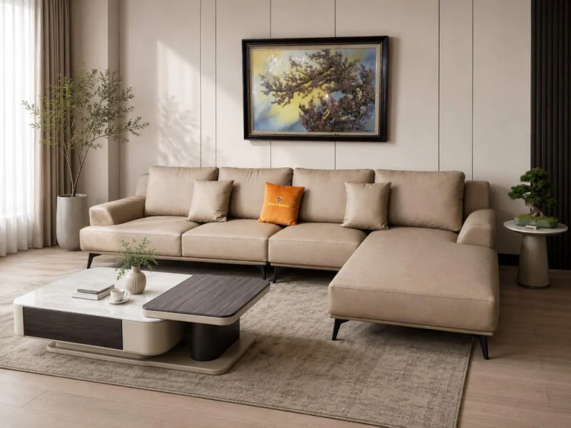 Sofa da AURELIA 3 băng góc trái màu be nhạt, kiểu dáng tối giản hiện đại, đặt trong phòng khách sang trọng với thảm họa ti…