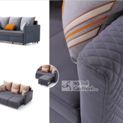 Bức ảnh tổng hợp nhiều góc nhìn của ghế sofa giường 1011-1G. Phía trên là sofa ở trạng thái bình thường với gối tựa màu xá…