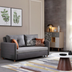Sofa giường SF177 màu xám ghi, chụp góc chính diện trong trạng thái sofa. Sản phẩm có kiểu dáng hiện đại, tối giản với tay…