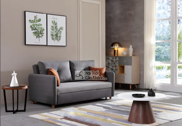 Sofa giường SF177 màu xám ghi, chụp góc chính diện trong trạng thái sofa. Sản phẩm có kiểu dáng hiện đại, tối giản với tay…
