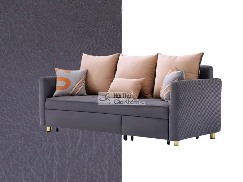 Hình ảnh ghế sofa giường SF1011-2G chụp chính diện, một nửa nền trắng và một nửa nền hiển thị chi tiết chất liệu vải bọc m…