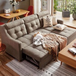 Sofa góc chữ U thông minh bọc vải màu ghi be, đặt trong không gian phòng khách hiện đại. Sofa có tựa lưng rút múi và đệm n…