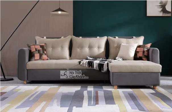 Ghế sofa giường góc chữ L SF250-8G được chụp toàn cảnh trong không gian phòng khách hiện đại. Sofa có thiết kế tối giản vớ…