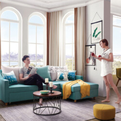 Bộ sofa góc đa năng SF258-1F màu xanh ngọc bích được đặt trong không gian phòng khách hiện đại, sáng sủa. Góc chụp toàn cả…