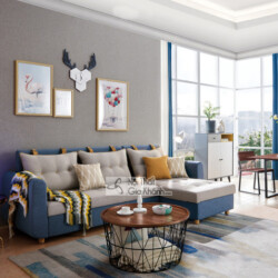 Sofa giường góc chữ L hiện đại bọc vải màu xanh dương và be, đặt trong phòng khách sáng sủa. Sofa có tựa lưng rút múi, đi…