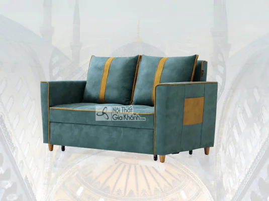 Sofa giường SF1012B-1G màu xanh ngọc bích, chụp chính diện, nổi bật với kiểu dáng hiện đại và đường nét vuông vắn. Sản phẩ…