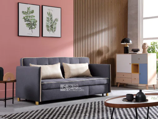 Sofa giường kéo SF1018-3 màu xám đậm, chụp chính diện trong trạng thái ghế sofa. Thiết kế hiện đại với đường viền chỉ trắn…