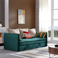 Sofa giường đa năng màu xanh ngọc bích, đặt trong phòng khách hiện đại với tường ốp gỗ và cửa sổ lớn. Sofa có thiết kế tối…
