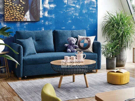 Ghế sofa giường SF177-9 màu xanh dương đậm, được chụp ở góc chính diện trong không gian phòng khách hiện đại. Ghế có thiết…