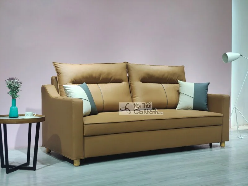 Sofa giường SF1056A-G được chụp chính diện ở trạng thái ghế ngồi, nổi bật với thiết kế hiện đại và màu nâu vàng ấm áp. Sof…