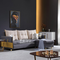 Sofa giường góc chữ L SF272B-2G màu xám đậm, bọc vải cao cấp, được đặt trong không gian phòng khách hiện đại. Sofa có thiế…