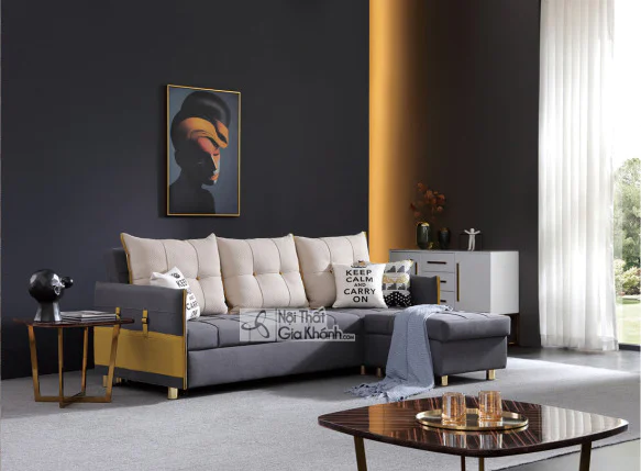 Sofa giường góc chữ L SF272B-2G màu xám đậm, bọc vải cao cấp, được đặt trong không gian phòng khách hiện đại. Sofa có thiế…