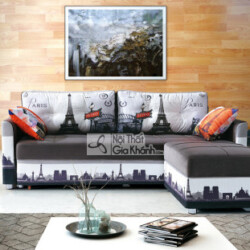 Sofa giường góc SF119B-26G màu xám đậm và trắng, nổi bật với họa tiết đường chân trời thành phố và tháp Eiffel trên phần t…