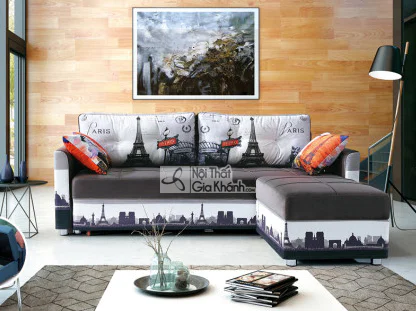 Sofa giường góc SF119B-26G màu xám đậm và trắng, nổi bật với họa tiết đường chân trời thành phố và tháp Eiffel trên phần t…
