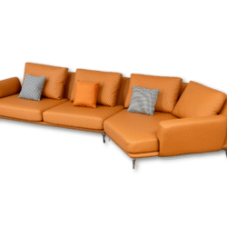 Toàn cảnh bộ sofa da góc màu cam chụp từ góc cao, trên nền trắng tinh khiết, làm nổi bật hình dáng chữ L tinh xảo. Các gối…