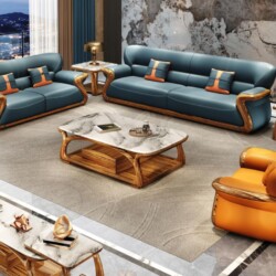 Toàn cảnh bộ sofa gỗ Mun SBF312-124 phong cách hiện đại luxury, được bài trí trong một phòng khách rộng rãi với ánh sáng ấ…