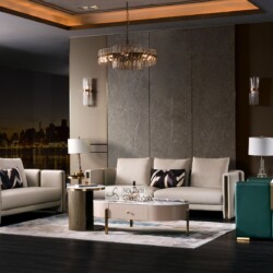 Ảnh chụp tổng thể bộ sofa luxury SFQ621-123 trong không gian phòng khách hiện đại. Bộ sofa gồm một ghế đơn, một ghế đôi và…