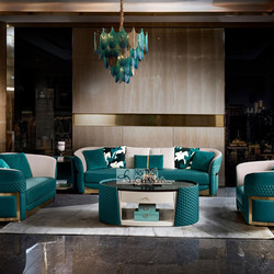 Bộ sofa luxury SFGD06-123 được chụp chính diện trong không gian phòng khách sang trọng. Bộ sản phẩm gồm một sofa băng dài…