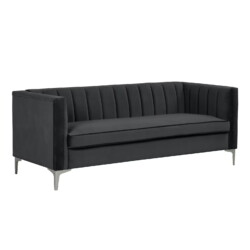 Sofa băng SF-552 màu xám đậm, chụp góc thấp từ phía trước, nổi bật thiết kế hiện đại với lưng và tay vịn có các đường sọc…