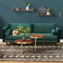 Sofa băng 3 chỗ bọc vải màu xanh lá cây đậm, đặt trong phòng khách phong cách Mid-Century với tường xanh đậm, sàn gỗ và th…