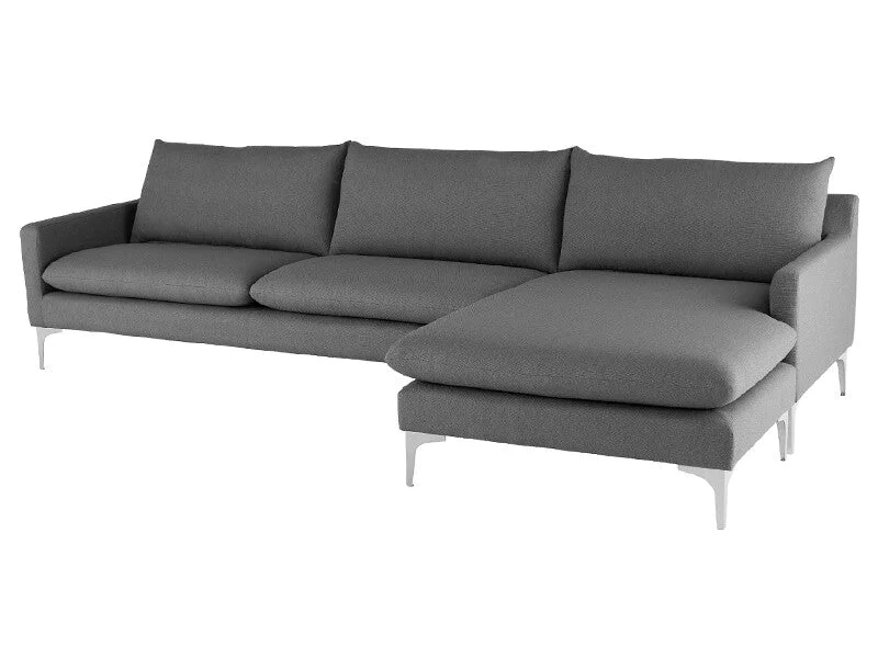 Sofa góc hiện đại SF-387 màu xám đậm, chụp từ góc cao phía trước bên phải, nổi bật phần đệm ngồi và tựa lưng dày dặn. Chân…