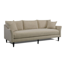 Chiếc sofa băng SF-172 ba chỗ ngồi được bọc vải màu be nhạt, chụp từ góc hơi nghiêng phía trước. Sofa có kiểu dáng hiện đạ…