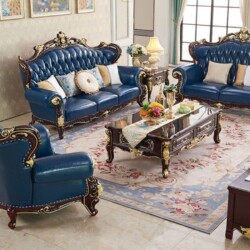 Toàn cảnh bộ sofa tân cổ điển SB922-123 màu xanh đậm sang trọng, bao gồm một ghế đơn, một ghế đôi và một ghế ba, được sắp…