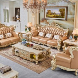 Bộ sofa tân cổ điển vương giả SB968-123 được chụp từ góc nhìn tổng thể trong một phòng khách sang trọng. Bộ sản phẩm gồm m…