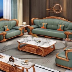 Ảnh chụp toàn cảnh bộ sofa gỗ Mun tân cổ điển SBF323-123 từ góc trên cao, bao gồm một ghế đơn, một băng hai và một băng ba…