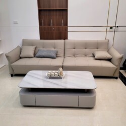 Sofa băng SFA37-4 màu nâu be nhạt được đặt trong không gian phòng khách hiện đại, nhìn từ góc chính diện. Ghế có thiết kế…