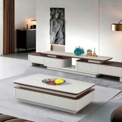Toàn cảnh bộ nội thất phòng khách hiện đại, bao gồm kệ tivi KTC2-28 và bàn trà đồng bộ, chụp từ góc rộng. Kệ tivi có thiết…