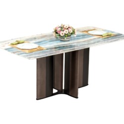 Bàn ăn mặt đá pha lê phong cách hiện đại BA934, chụp chính diện trên nền trắng. Mặt bàn hình chữ nhật bo góc, vân đá xanh…