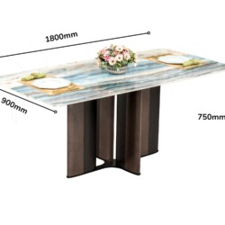 Bàn ăn mặt đá pha lê BA934 được hiển thị với các thông số kích thước chi tiết: dài 1800mm, rộng 900mm và cao 750mm. Mặt bà…