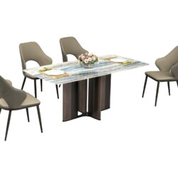 Bộ bàn ăn hiện đại BA934 với bốn ghế ăn bọc da màu ghi, chụp từ góc chéo. Mặt bàn đá pha lê vân mây xanh và nâu, phản chiế…