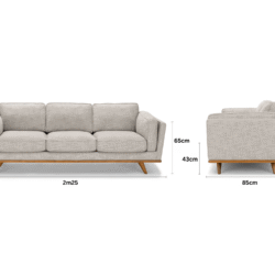 Sofa băng 3 chỗ màu be nhạt được trình bày cùng các chú thích kích thước chi tiết: dài 2m25, sâu 85cm, cao 80cm và chiều c…