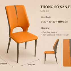 Hình ảnh kỹ thuật của ghế ăn GAY26 màu cam đất, cung cấp thông số kích thước chi tiết L450*W460*H890MM. Hình minh họa cũng…