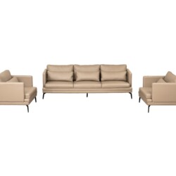 Toàn cảnh bộ sofa BM001-113-C1050 màu nâu be gồm một ghế băng ba chỗ, một ghế băng hai chỗ và một ghế đơn, được chụp chính…