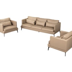 Bộ sofa BM001-113-C1050 màu nâu be được chụp từ góc trên cao, hơi nghiêng, cho thấy tổng thể ba món gồm ghế băng dài, ghế…