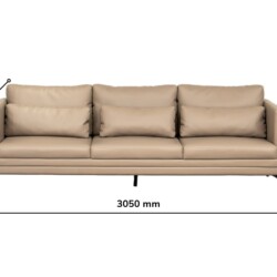 Hình ảnh ghế sofa băng ba chỗ BM001-113-C1050 màu nâu be với các chú thích kích thước chi tiết: chiều dài 3050mm, chiều sâ…