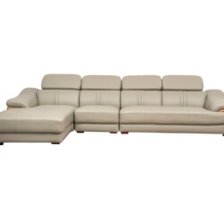 Toàn cảnh bộ sofa góc chữ L SF672-Nano1-28 màu be/ghi sáng, chụp chính diện trên nền trắng, thể hiện rõ cấu trúc ba băng v…