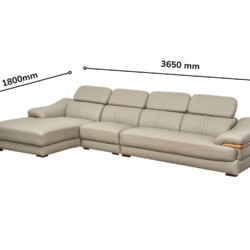 Hình ảnh sofa góc chữ L SF672-Nano1-28 màu be/ghi sáng trên nền trắng, kèm theo chú thích kích thước chi tiết: dài 3650mm…