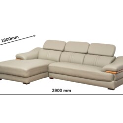 Sofa da góc phải màu be/ghi sáng, chụp trên nền trắng với các đường kích thước minh họa: chiều dài 2900mm, chiều rộng góc…