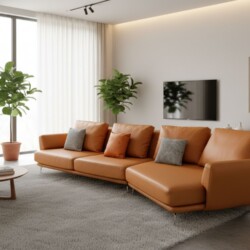 Bộ sofa da góc màu cam nổi bật trong không gian phòng khách hiện đại, sang trọng. Sofa có thiết kế chữ L, đặt trên thảm lô…