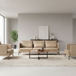 Bộ sofa BM001-113-C1050 phong cách hiện đại gồm một ghế đơn và một ghế băng dài màu nâu be, đặt trong phòng khách tông sán…