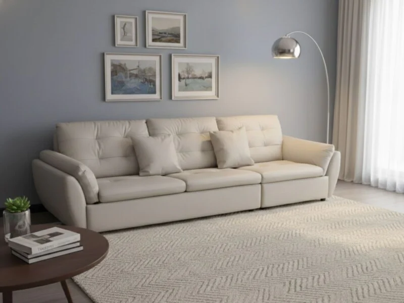 Sofa băng 2m8 SFA07-28 màu be nhạt, chụp góc ngang trong không gian phòng khách hiện đại. Sofa có ba đệm ngồi và ba tựa lư…