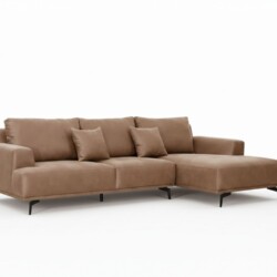 Sofa 2 băng góc trái SF8037-Lex30 chụp chính diện trên nền trắng tinh khiết. Sofa có màu nâu be ấm áp với thiết kế tối giả…
