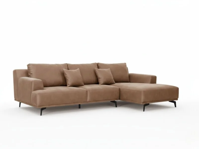 Sofa 2 băng góc trái SF8037-Lex30 chụp chính diện trên nền trắng tinh khiết. Sofa có màu nâu be ấm áp với thiết kế tối giả…