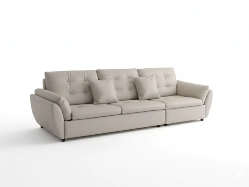 Sofa băng 2m8 SFA07-28 màu be nhạt, chụp góc 3/4 từ phía trước trên nền trắng studio. Sofa nổi bật với kiểu dáng tối giản…
